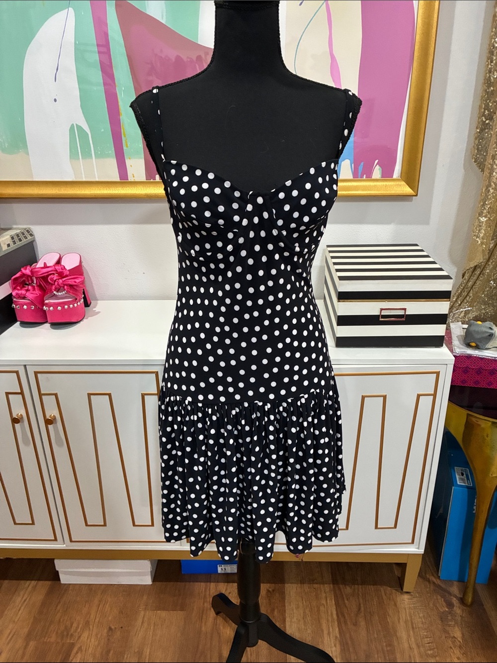 Black Polka Dot Mini Dress with Sweetheart Neckline